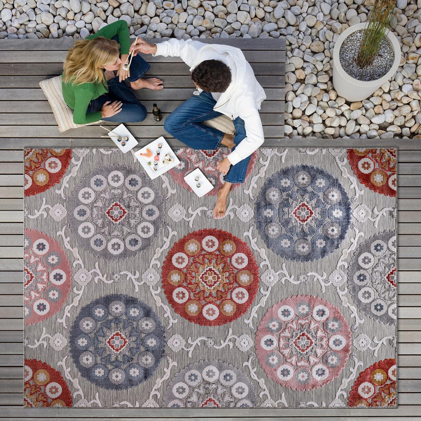CAMILSON Indoor Outdoor Rug 8x10 Bohemian Medallion Floral Area Rugs for Indoor and Outdoor Patios Easy-Cleaning Non-Shedding Living Room Garden and Kitchen Washable Outside Carpet (8 x 10 / Beige)