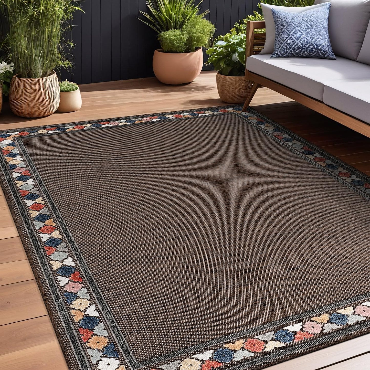 Beverly Rug Outdoor Rug 9x12 Large Modern Floral Tropical Area Rugs for Indoor and Outdoor Patio Easy to Clean Non Shedding Living Room Porch Garden Washable Outside Carpet (9 x 12 Brown)