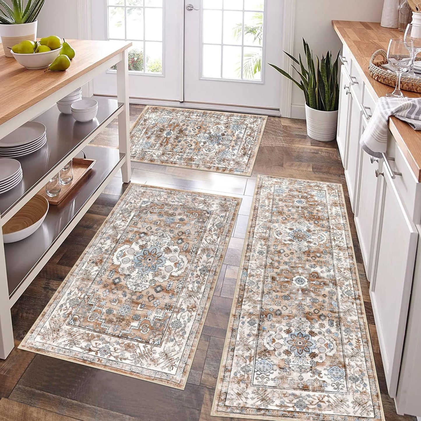 Pauwer Kitchen Mats for Floor 3 Piece Set Boho Non Slip Kitchen Rugs Washable Farmhouse Kitchen Floor Mats Thick Long Kitchen Throw Area Rug Carpet Runner for Hallway Entryway Laundry Bathroom, Blue
