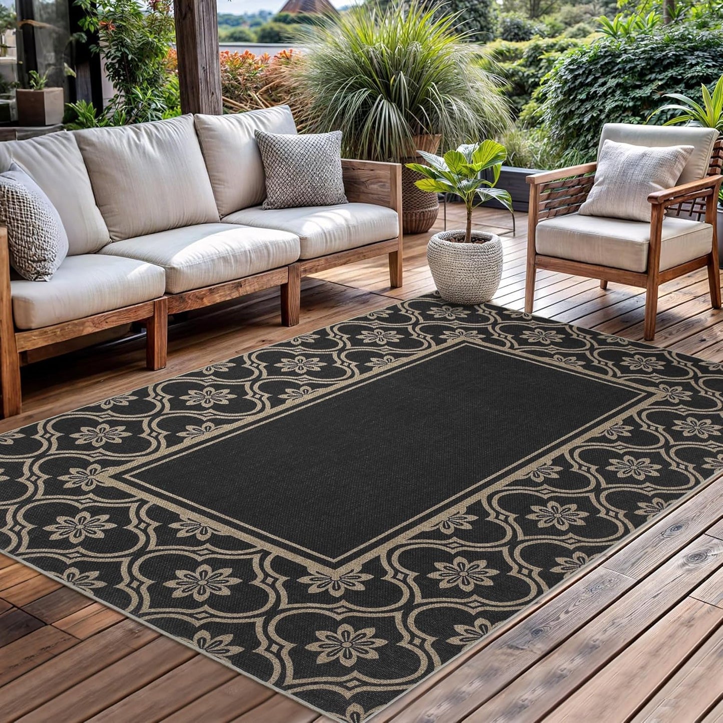 Floral Easy Jute Rug 5x7 Outdoor Patio Rug Washable Area Rugs for Living Room Bedroom Non Slip Neutral Farmhouse Indoor Outdoor Carpet for Backyard Patio Office