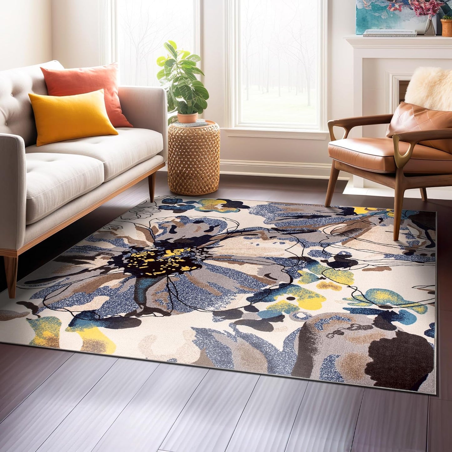 Rugshop Modern Bright Flowers Non-Slip (Non-Skid) Area Rug 8 x 10 (7' 10" x 10') Multi