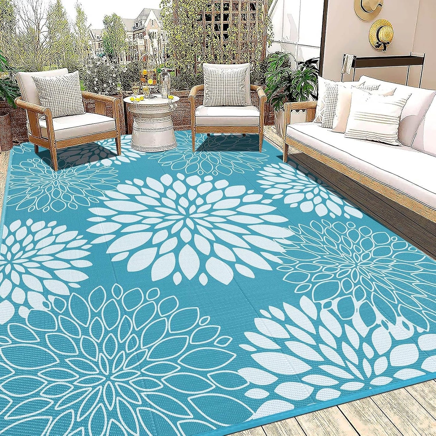 Ileading Reversible Outdoor Rug 6x9Ft Waterproof Patio Rug Carpet Portable Outdoor Plastic Straw Rug Large RV Camping Mat Rug for Patio, Clearance, Deck, Beach, Porch, Camping, Picnic, Flower Grey