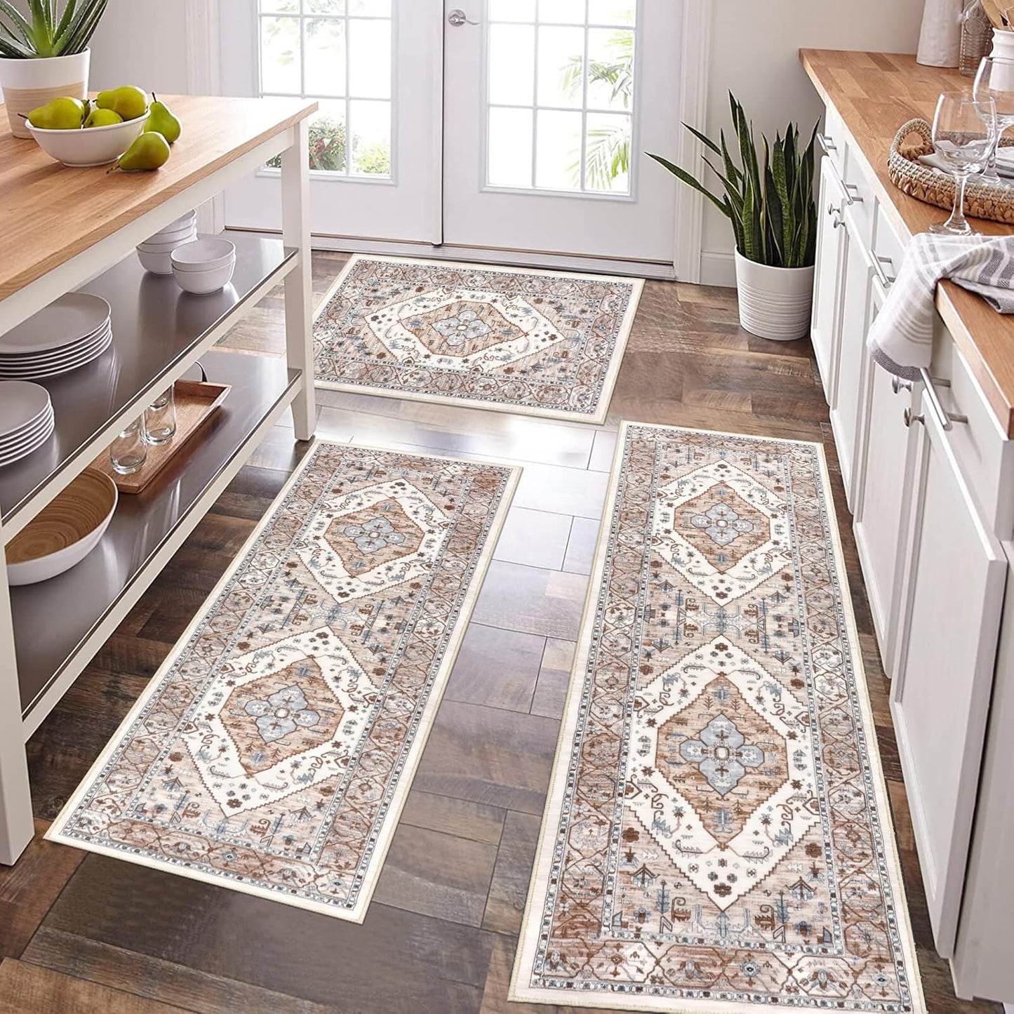 Pauwer Kitchen Mats for Floor 3 Piece Set Boho Non Slip Kitchen Rugs Washable Farmhouse Kitchen Floor Mats Thick Long Kitchen Throw Area Rug Carpet Runner for Hallway Entryway Laundry Bathroom, Blue