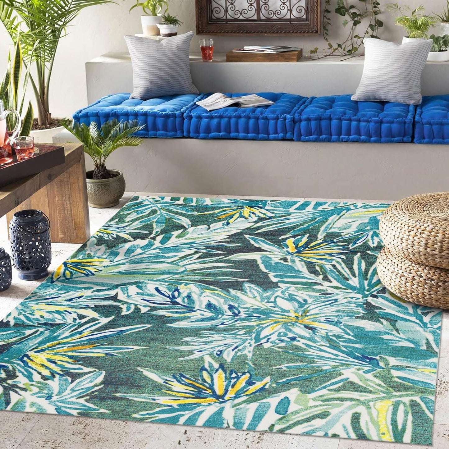DECOMALL Outdoor Rugs for Patio Deck Porch Balcony Backyard, Green Blue Flower, 5'x7'