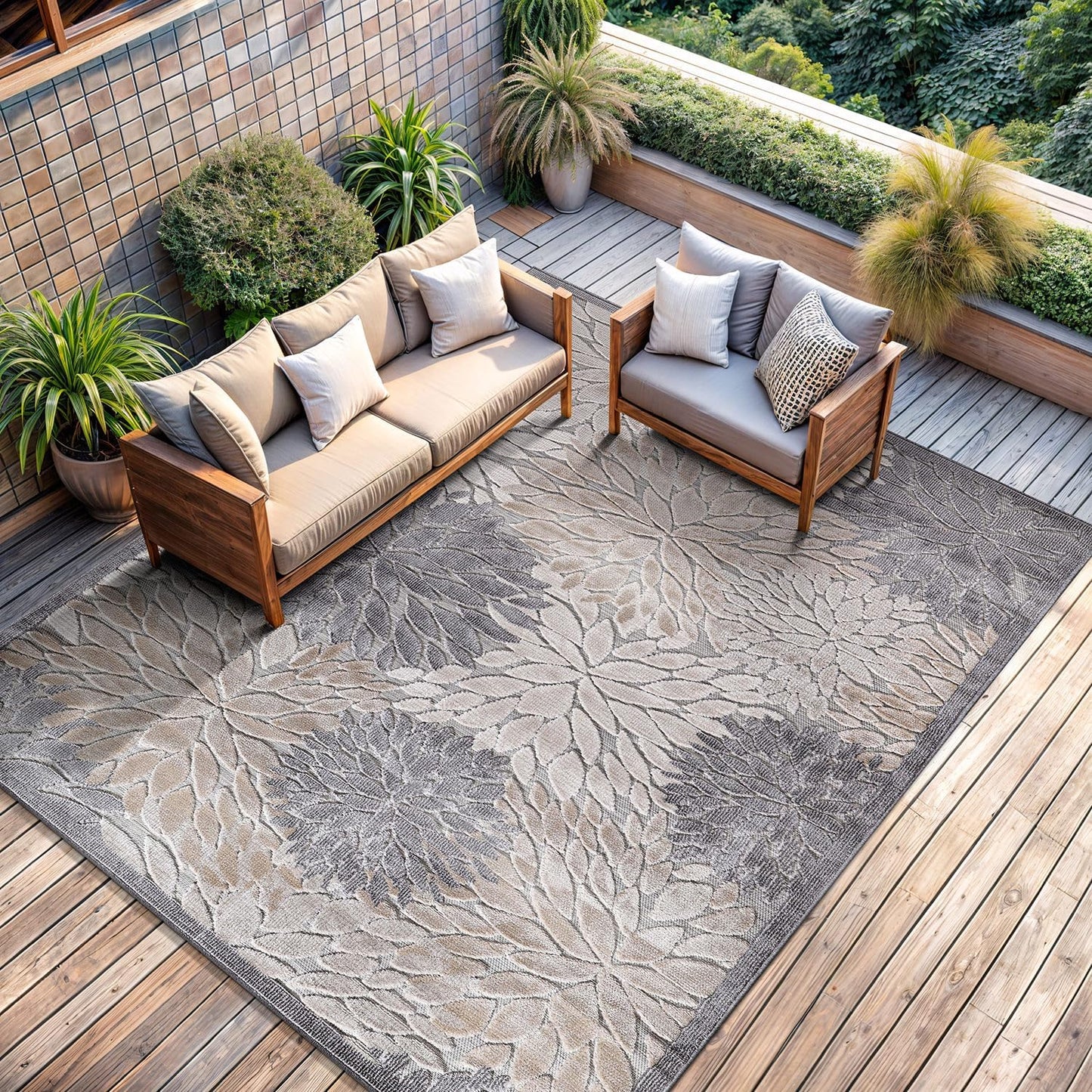 CAMILSON Indoor Outdoor Rug, Beige 5x7 Floral Exotic Tropical Area Rugs for Indoor and Outdoor Patios, Easy-Cleaning Non-Shedding Living Room, Garden and Kitchen Washable Outside Carpet (5 x 7)