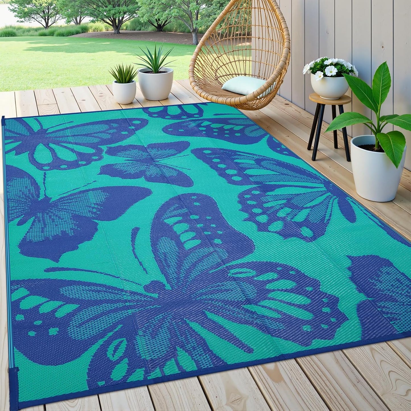 Uphome Outdoor Rug Waterproof 6x9 ft, Patio Plastic Straw Rugs for RV Camping, Reversible Butterfly Mat Outside, Indoor Outdoor Floor Carpet for Back Yard Deck Balcony Porch Beach Picnic