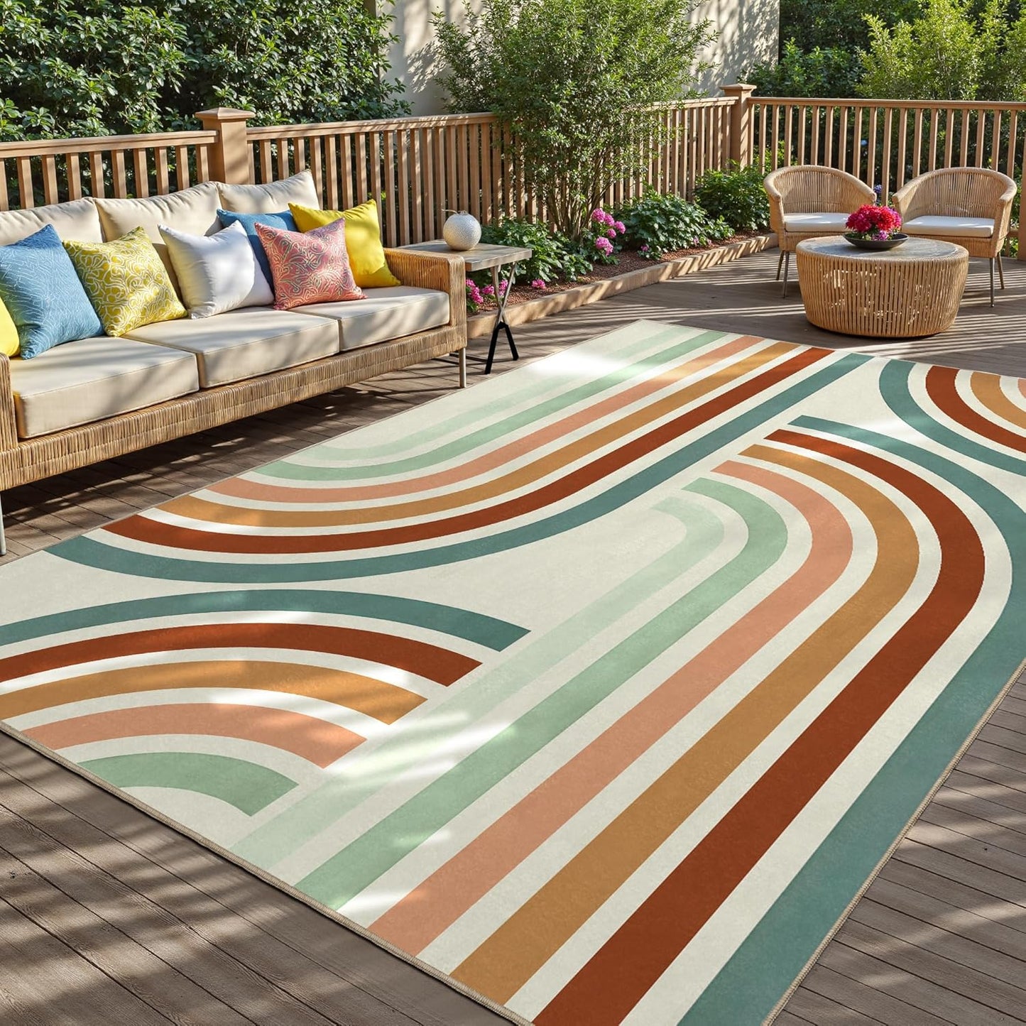Indoor Outdoor Area Rug, Mid Century Outdoor Patio Rug, Washable Abstract Art Leaves Eucalyptus Rugs, Non-Slip Carpet for Camping, Living Room, Bedroom, Deck(5x8)