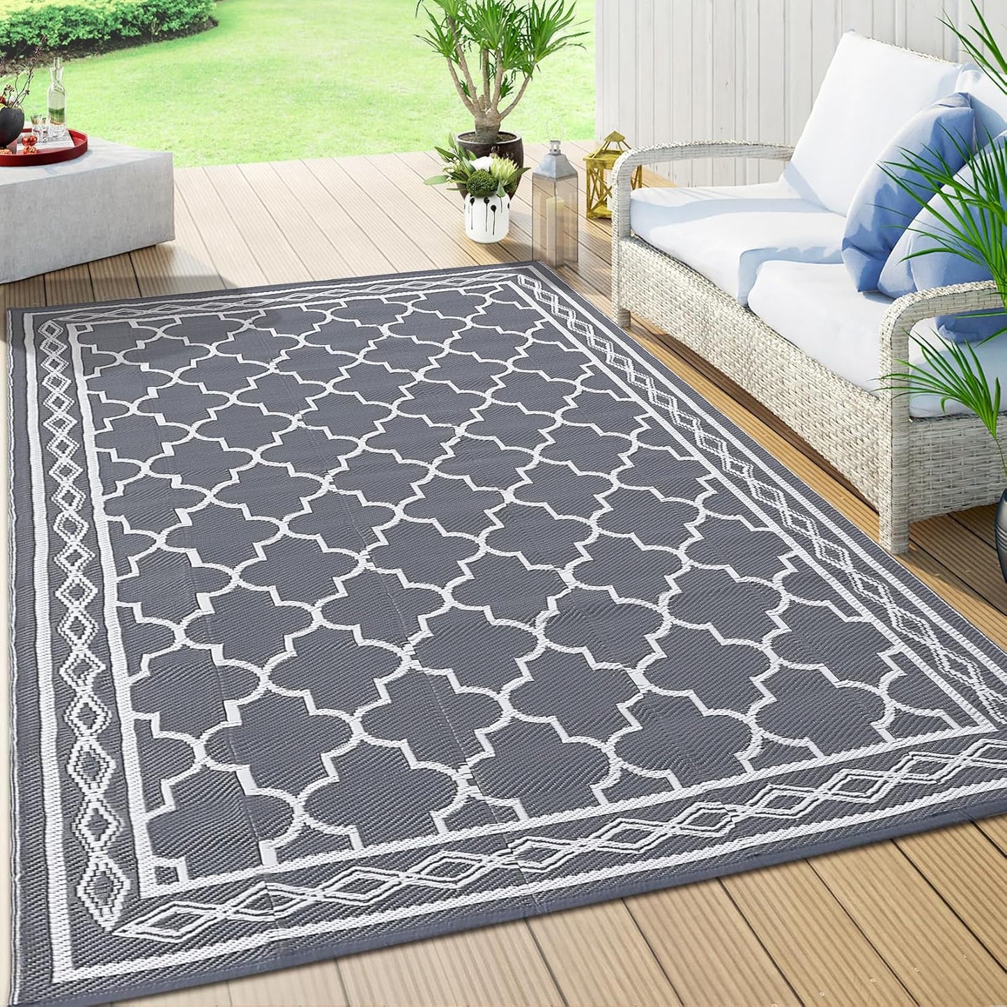 GAOMON Outdoor Plastic Straw Rug, 10'x20' Reversible Sage Green Patio Mat, Flower Modern Design for RV, Backyard, Deck, Camping, Picnic, Teal/Yellow(Bohemia)