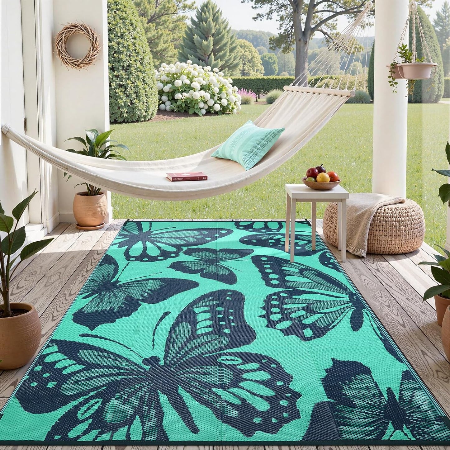 Uphome Outdoor Rug Waterproof 6x9 ft, Patio Plastic Straw Rugs for RV Camping, Reversible Butterfly Mat Outside, Indoor Outdoor Floor Carpet for Back Yard Deck Balcony Porch Beach Picnic