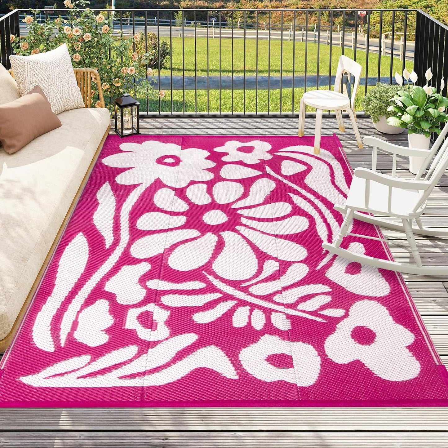 Wonnitar 6x9 Outdoor Rug Waterproof, Reversible Plastic Straw RV Rugs for Camping Outside, Large Portable RV Outdoor Mat Orange Abstract Flower Tent Rug for Camping Garden Picnic (Orange, 6'x9')