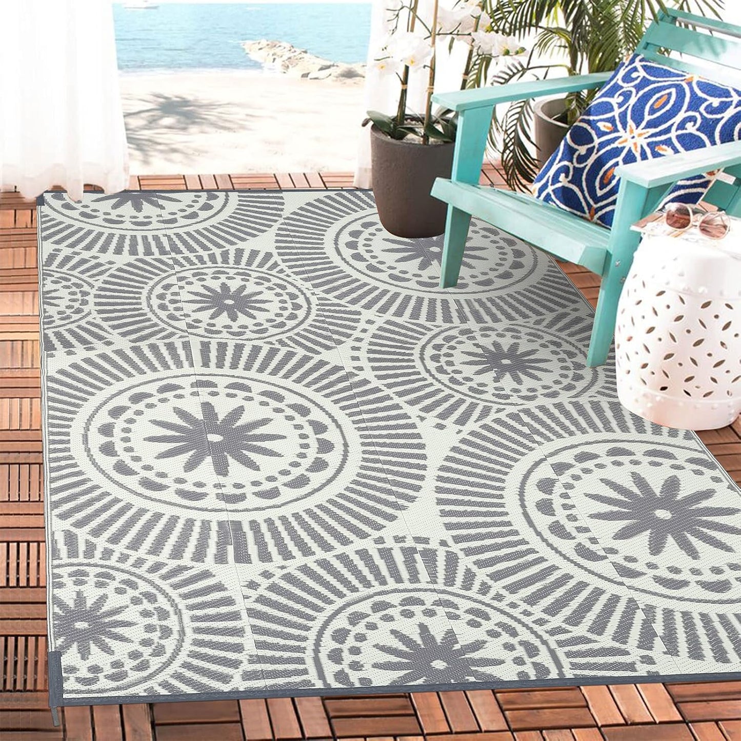 Ileading Round Outdoor Plastic Straw Rug 6ft Funny Floral Style Reversible Patio Area Rugs Waterproof Non Shedding Portable Carpets for Rv Outside Deck Pool Beach Picnic Camping (Pink)