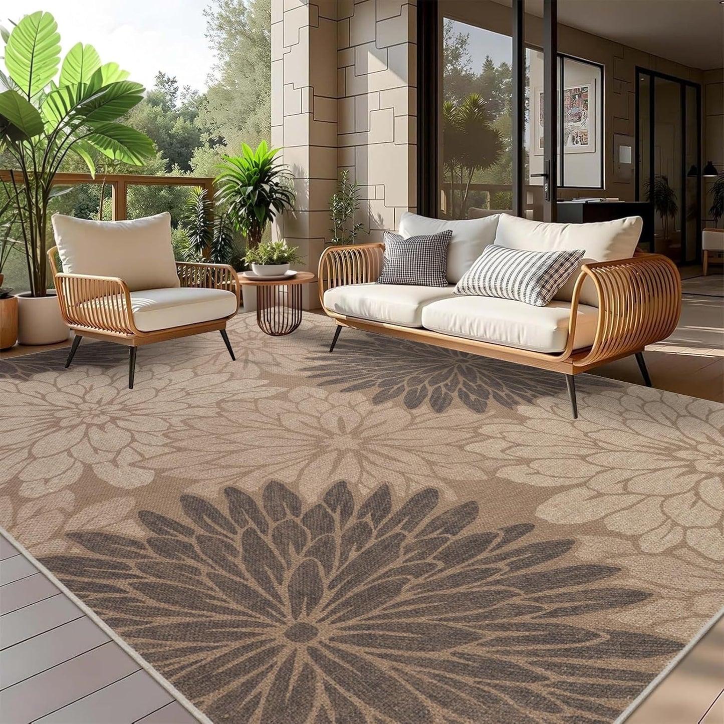 Floral Easy Jute Rug 5x7 Outdoor Patio Rug Washable Area Rugs for Living Room Bedroom Non Slip Neutral Farmhouse Indoor Outdoor Carpet for Backyard Patio Office