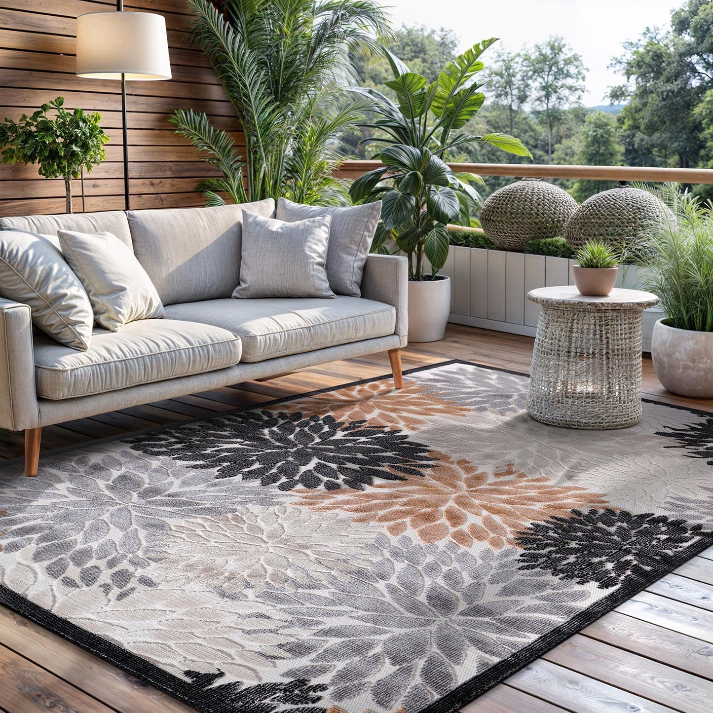 CAMILSON Indoor Outdoor Rug 8x10 Bohemian Medallion Floral Area Rugs for Indoor and Outdoor Patios Easy-Cleaning Non-Shedding Living Room Garden and Kitchen Washable Outside Carpet (8 x 10 / Beige)