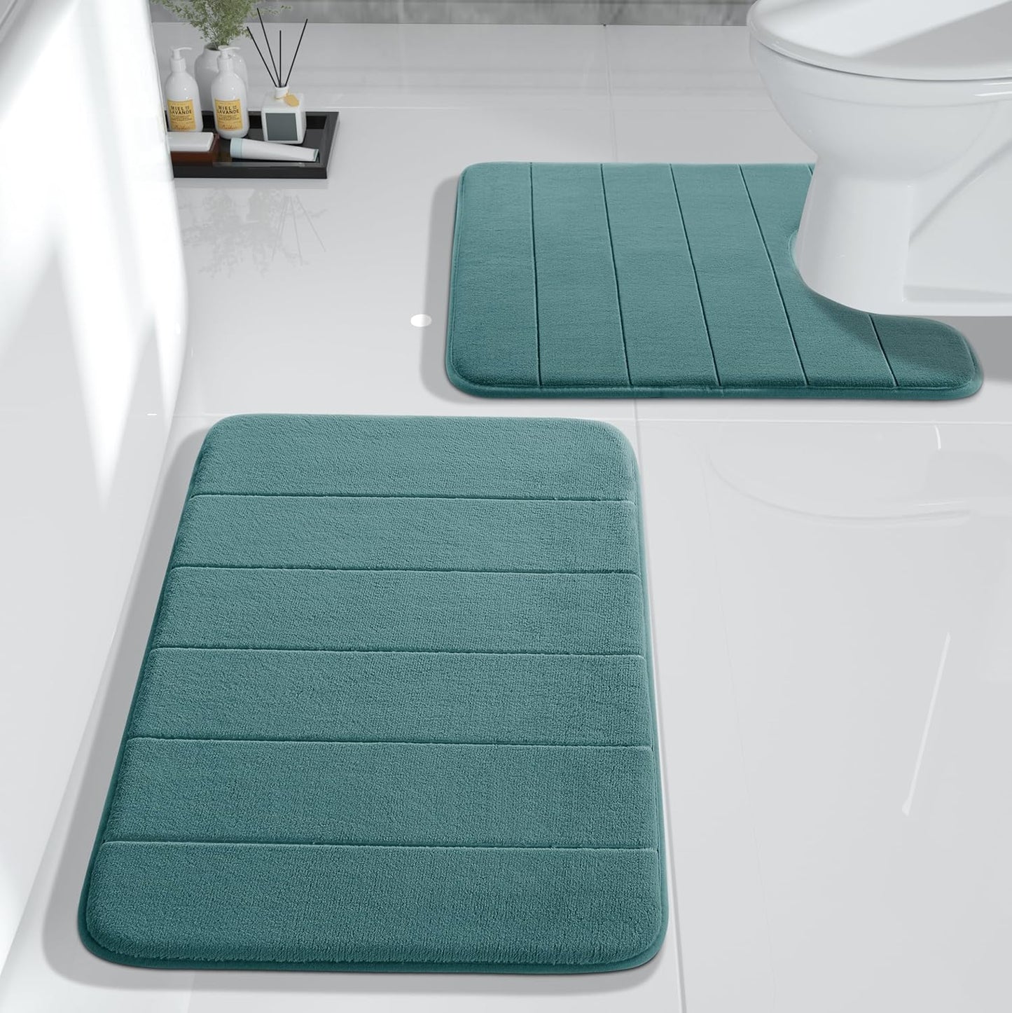 Yimobra Large Bath Mat Set 2 Piece- Super Soft Absorbent Quick Dry Memory Foam Bathroom Rugs, Machine Washable Non Slip Floor Carpet for Tub Shower & Double Vanity (17x24 & 44x24, Gray)