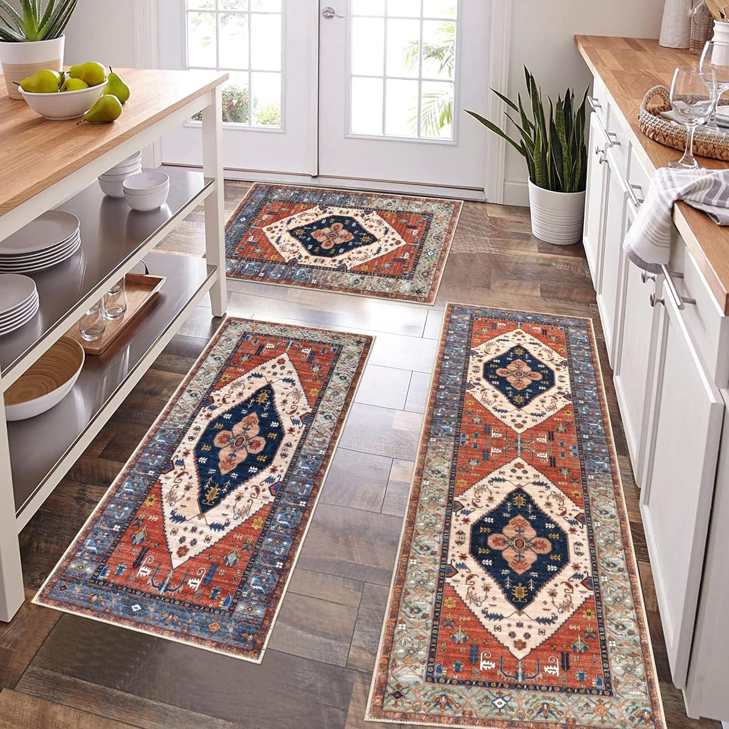 Pauwer Kitchen Mats for Floor 3 Piece Set Boho Non Slip Kitchen Rugs Washable Farmhouse Kitchen Floor Mats Thick Long Kitchen Throw Area Rug Carpet Runner for Hallway Entryway Laundry Bathroom, Blue