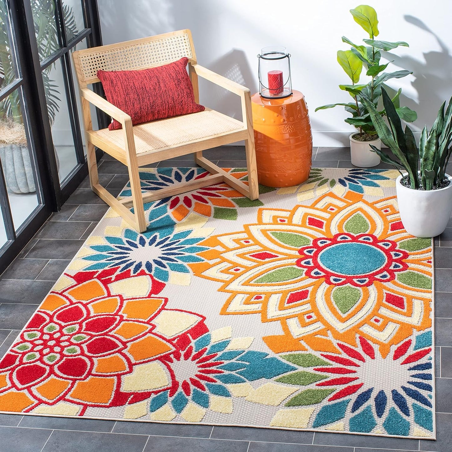 SAFAVIEH Cabana Collection 2'2" x 7' Ivory/Orange CBN328A Floral Indoor/ Outdoor Non-Shedding Easy Cleaning Patio Backyard Porch Deck Mudroom Runner Rug