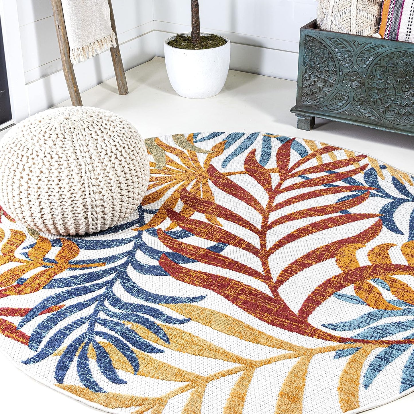 JONATHAN Y AMC100B-8 Tropics Palm Leaves Indoor Outdoor Area Rug Bohemian Floral Easy Cleaning High Traffic Bedroom Kitchen Backyard Patio Porch Non Shedding, 8 X 10, Cream/Orange