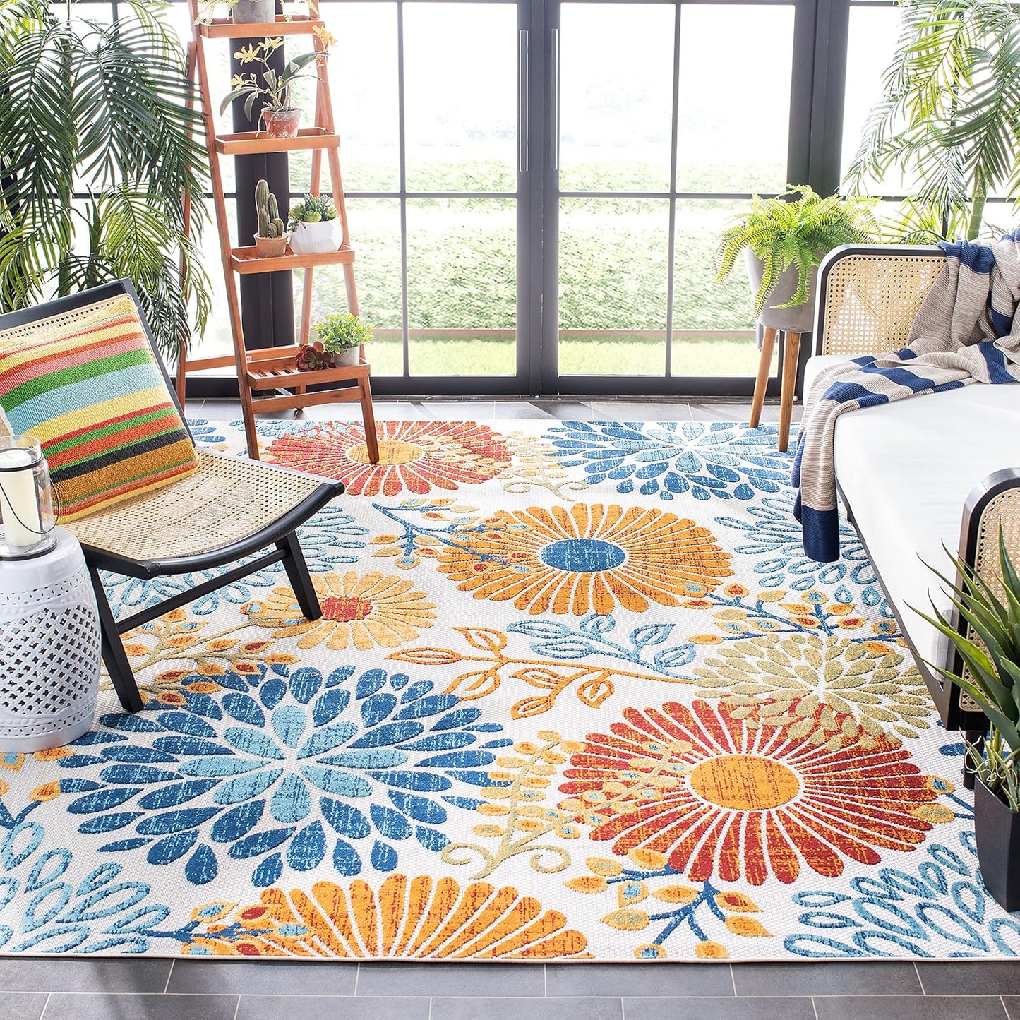 SAFAVIEH Cabana Collection 3' Round Cream/Red CBN832A Floral Indoor/ Outdoor Non-Shedding Easy Cleaning Patio Backyard Deck Porch Mudroom Area Rug