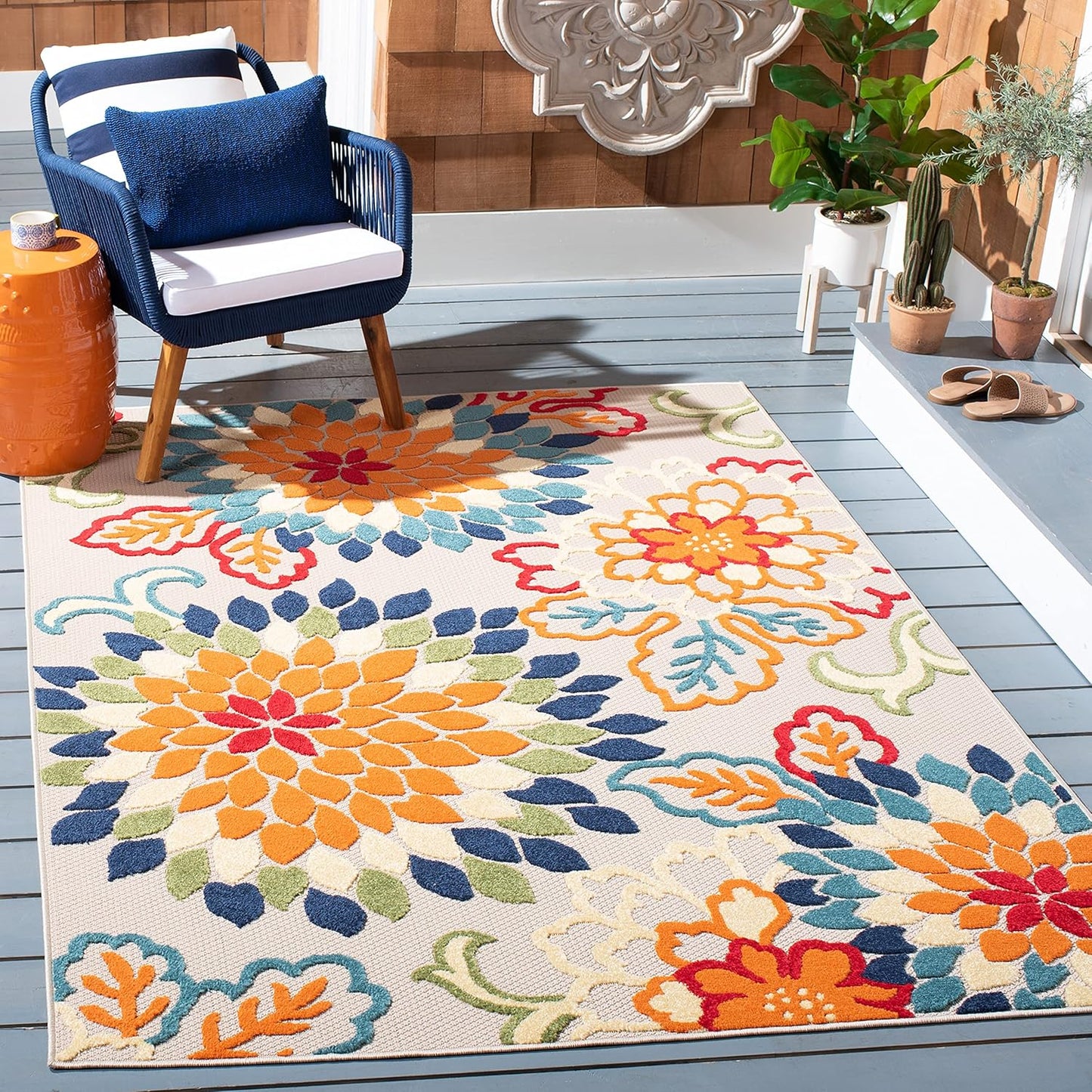 SAFAVIEH Cabana Collection Area Rug - 5'3" x 7'7", Ivory & Orange, Floral Design, Non-Shedding & Easy Care, Indoor/Outdoor & Washable-Ideal for Patio, Backyard, Mudroom (CBN391A)