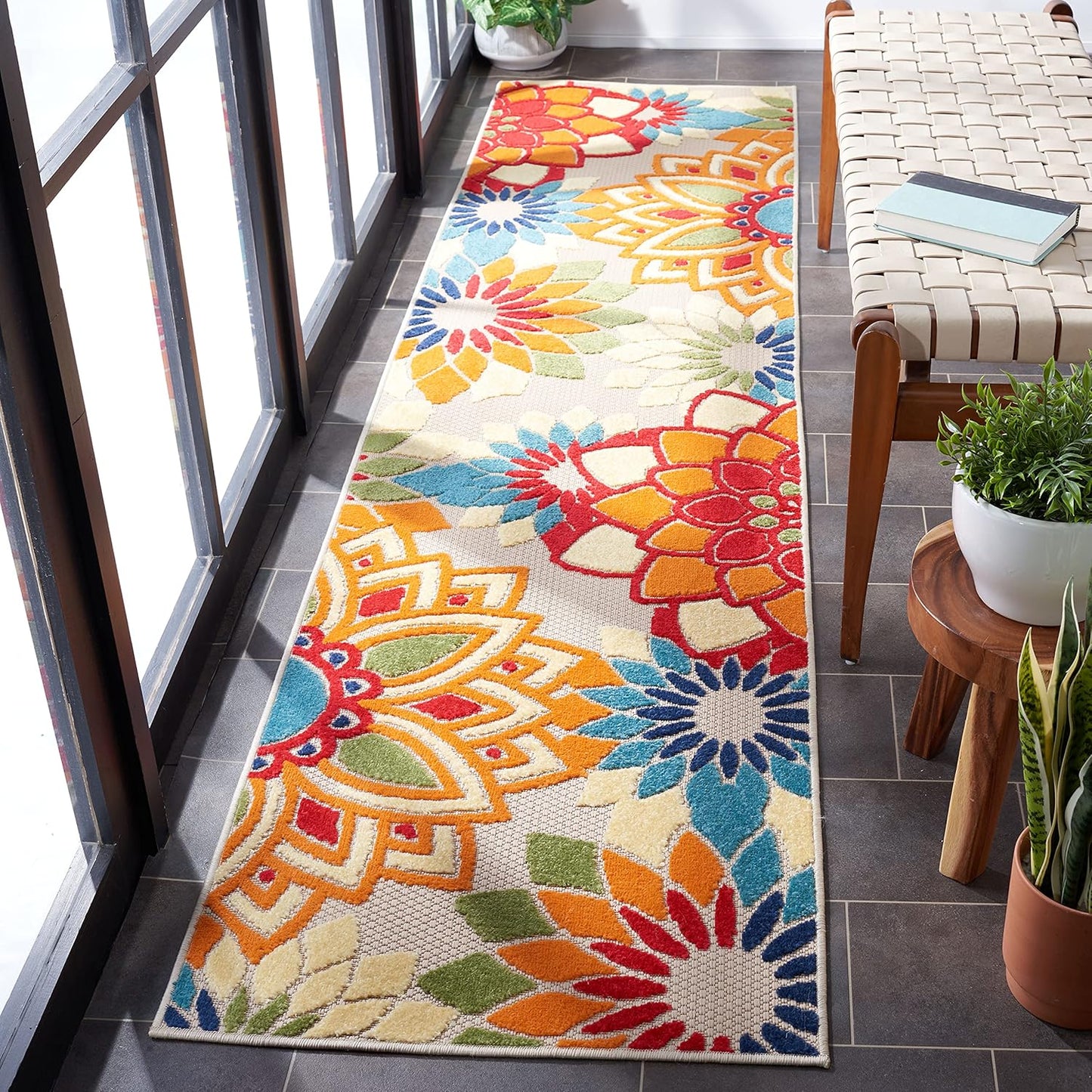 SAFAVIEH Cabana Collection 2'2" x 7' Ivory/Orange CBN328A Floral Indoor/ Outdoor Non-Shedding Easy Cleaning Patio Backyard Porch Deck Mudroom Runner Rug