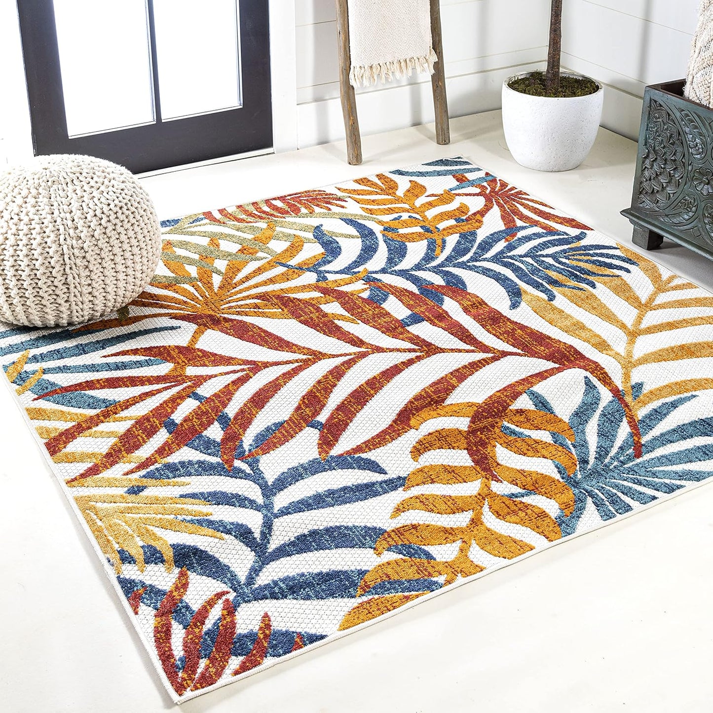 JONATHAN Y AMC100B-8 Tropics Palm Leaves Indoor Outdoor Area Rug Bohemian Floral Easy Cleaning High Traffic Bedroom Kitchen Backyard Patio Porch Non Shedding, 8 X 10, Cream/Orange