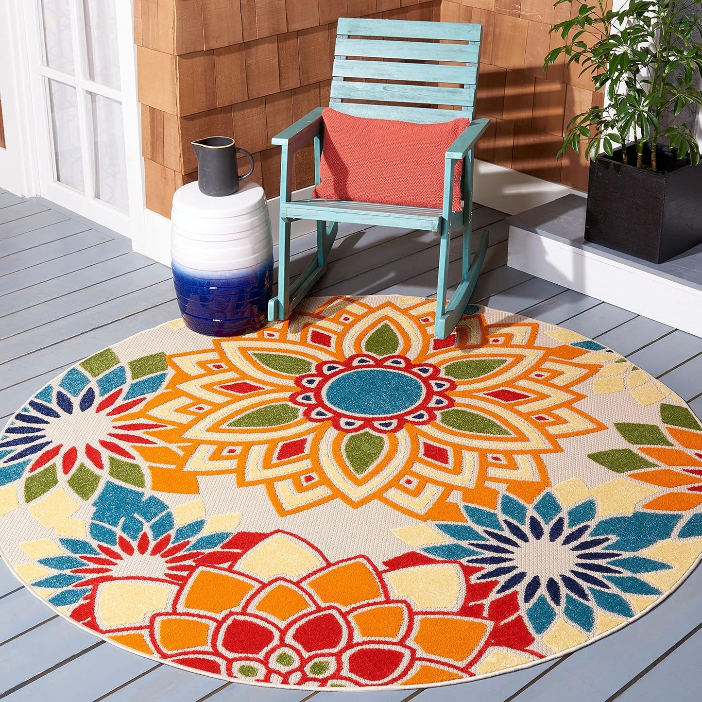 SAFAVIEH Cabana Collection 2'2" x 7' Ivory/Orange CBN328A Floral Indoor/ Outdoor Non-Shedding Easy Cleaning Patio Backyard Porch Deck Mudroom Runner Rug