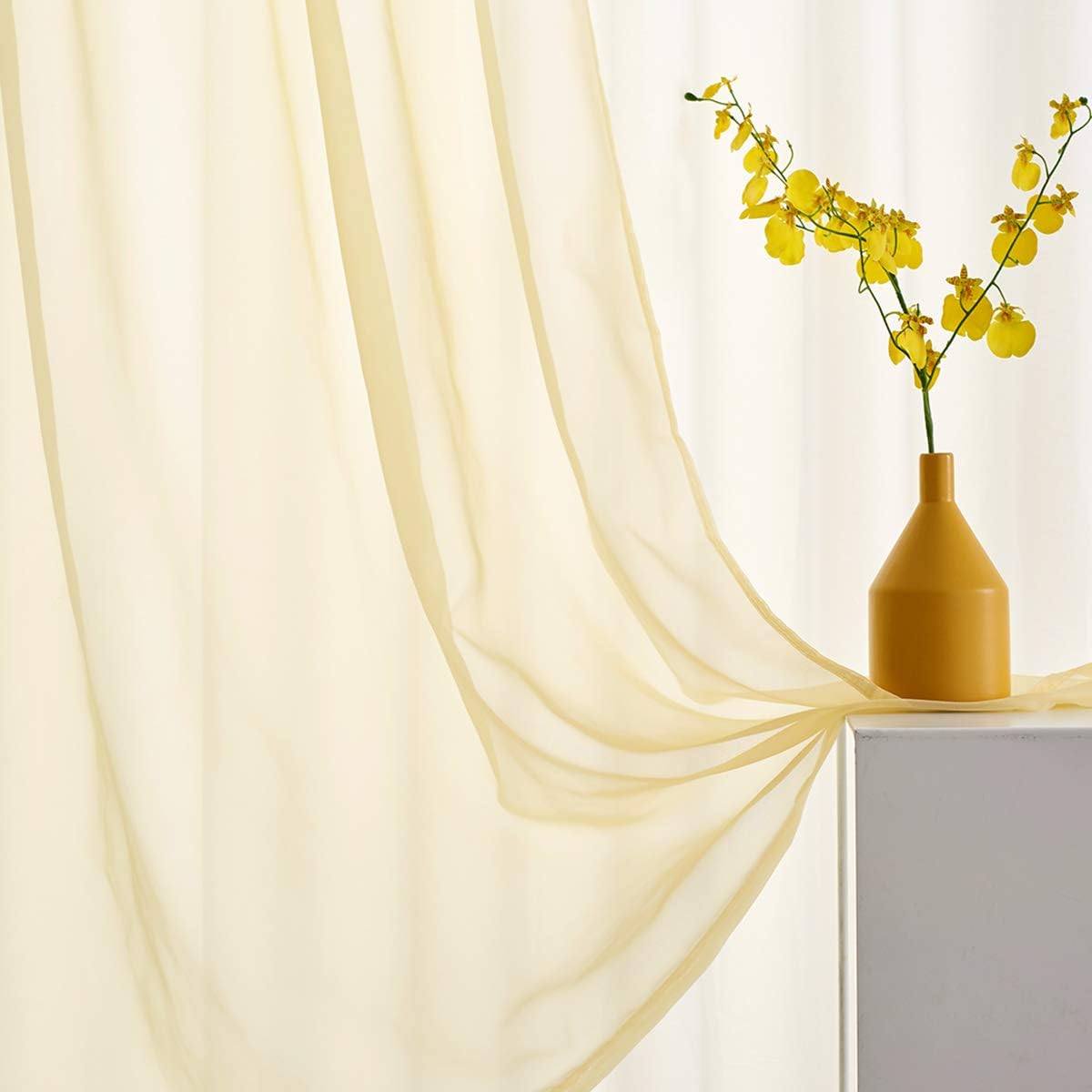 Light Yellow Sheer Voile Curtains Translucent Solid Color Window Treatment 63 Inch Length Panels Rod Pocket Light Yellow Sheers for Bedroom Living Room 2 Panels 52x63