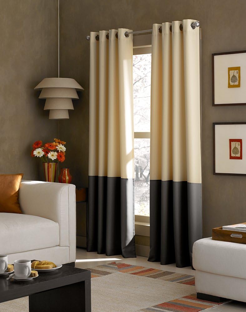 Curtainworks Kendall Color Block Grommet Curtain Panel, 84-Inch, Ivory/Tan