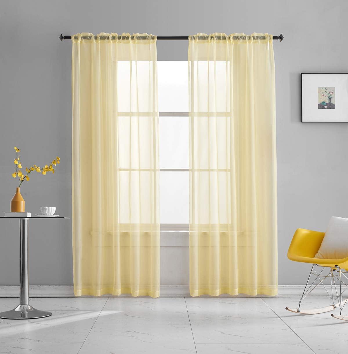 Light Yellow Sheer Voile Curtains Translucent Solid Color Window Treatment 63 Inch Length Panels Rod Pocket Light Yellow Sheers for Bedroom Living Room 2 Panels 52x63