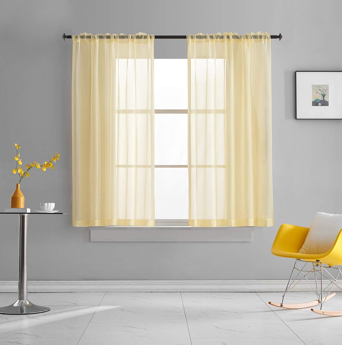 Light Yellow Sheer Voile Curtains Translucent Solid Color Window Treatment 63 Inch Length Panels Rod Pocket Light Yellow Sheers for Bedroom Living Room 2 Panels 52x63