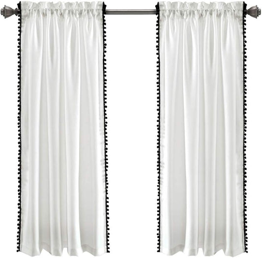 Lush Decor Pom Curtain | Textured, Solid Color Vintage Chic Style Window Panel for Living, Dining Room, Bedroom (Single), Black, 50"W x 63"L