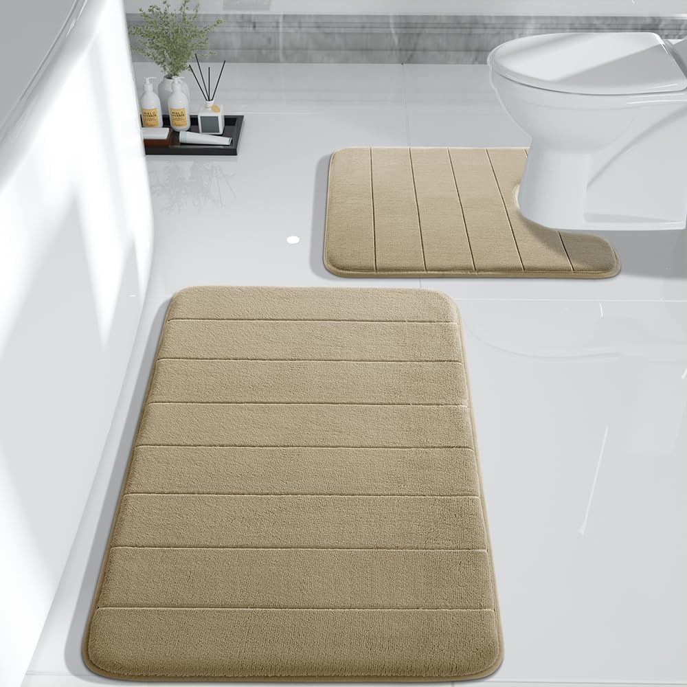 Yimobra Large Bath Mat Set 2 Piece- Super Soft Absorbent Quick Dry Memory Foam Bathroom Rugs, Machine Washable Non Slip Floor Carpet for Tub Shower & Double Vanity (17x24 & 44x24, Gray)