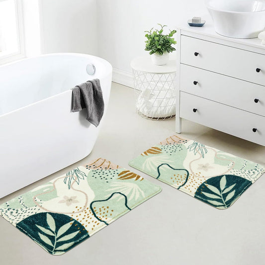 Uphome Sage Green Bathroom Rug Set, Cute Abstract Plant Bath Mat Set, Non Slip Machine Washable Bath Rugs, Soft Velvet Small Bathroom Mat, Mid Centry Aesthetic Botanical Floor Mats for Tub Sink Shower