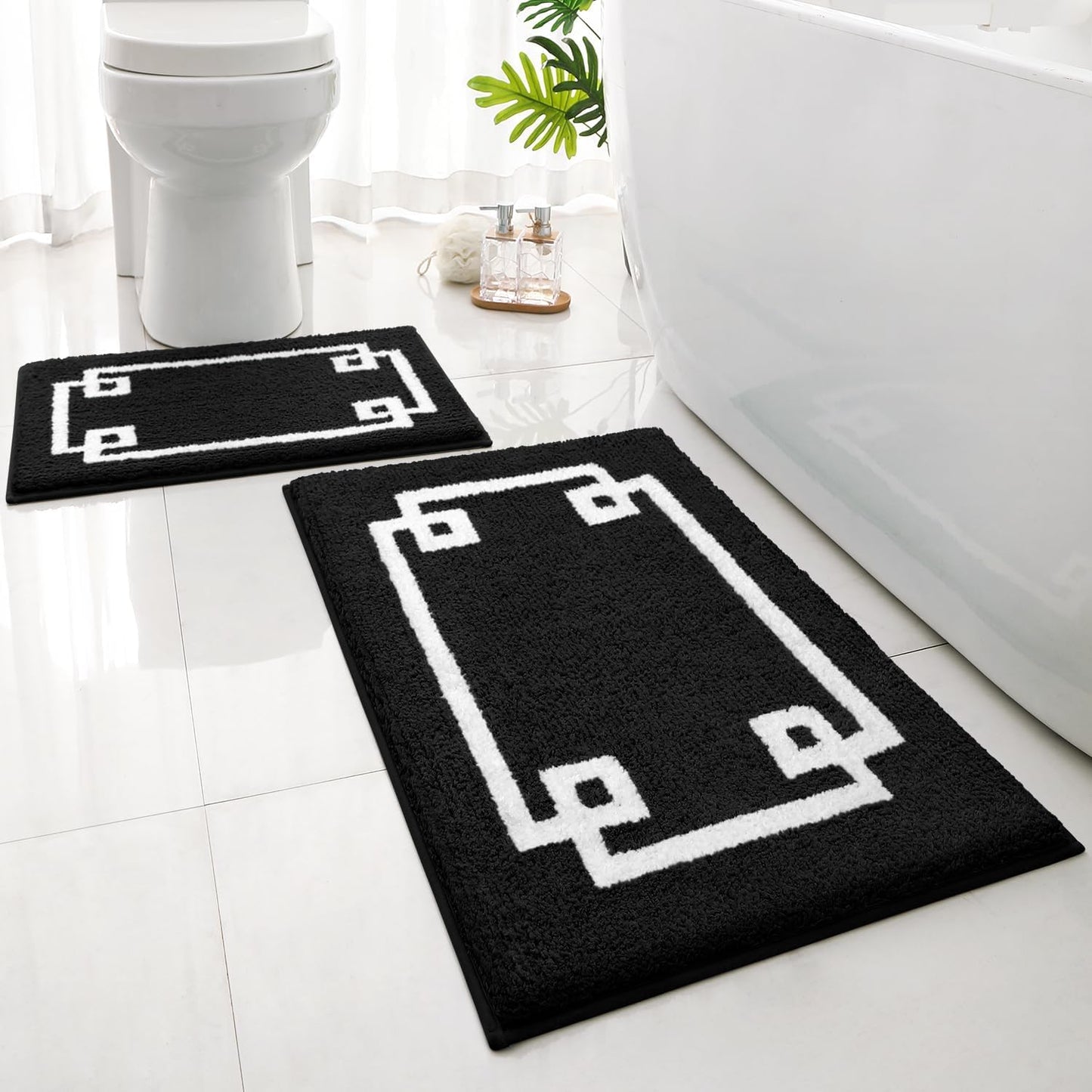 HOMEIDEAS Bathroom Rugs Sets 2 Piece, Soft and Water Absorbent Microfiber Carpet, Non-Slip Washable Bath Mats (20"x32"+16"x24", Grey and White)