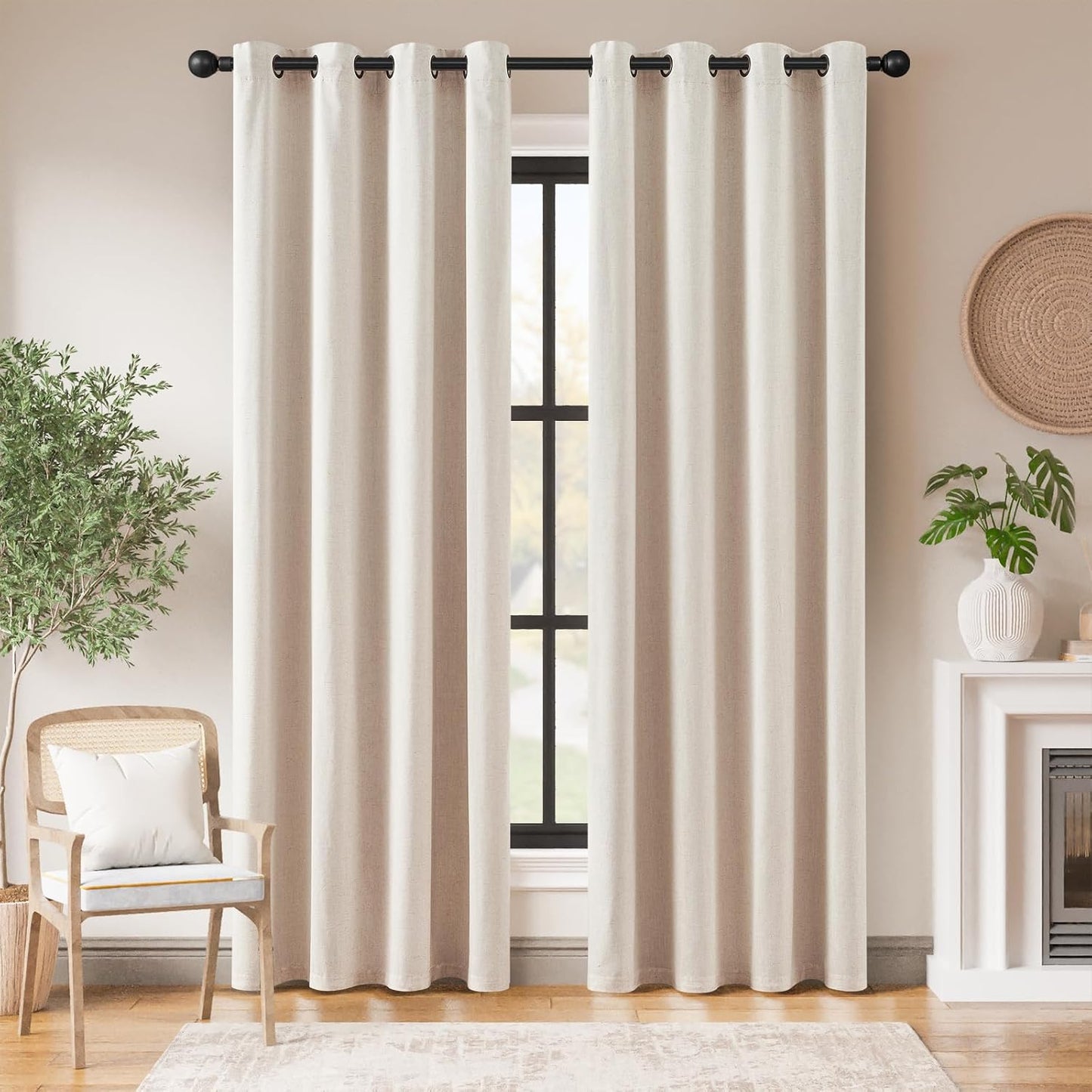 jinchan Linen Blend Semi Sheer Curtains 50W x 84L Inch Beige for Bedroom Curtains Light Weight Soft Window Grommet Drapes 2-Panel Set