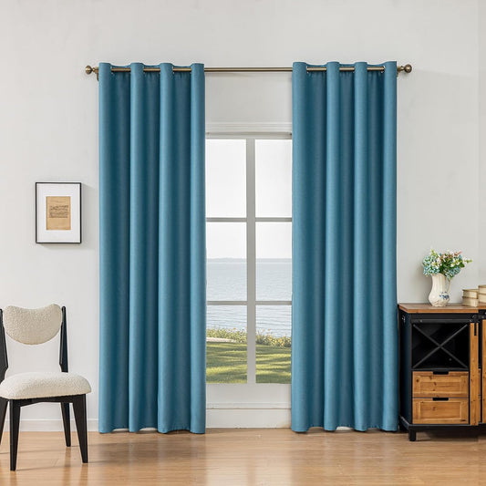 100% Blackout Linen Textured Curtains for Bedroom, Solid Thermal Insulated Grommet Blackout Curtains/Drapes with Black Liner for Living Room Window, 52W x 63L, 2 Panels, Dark Navy Blue