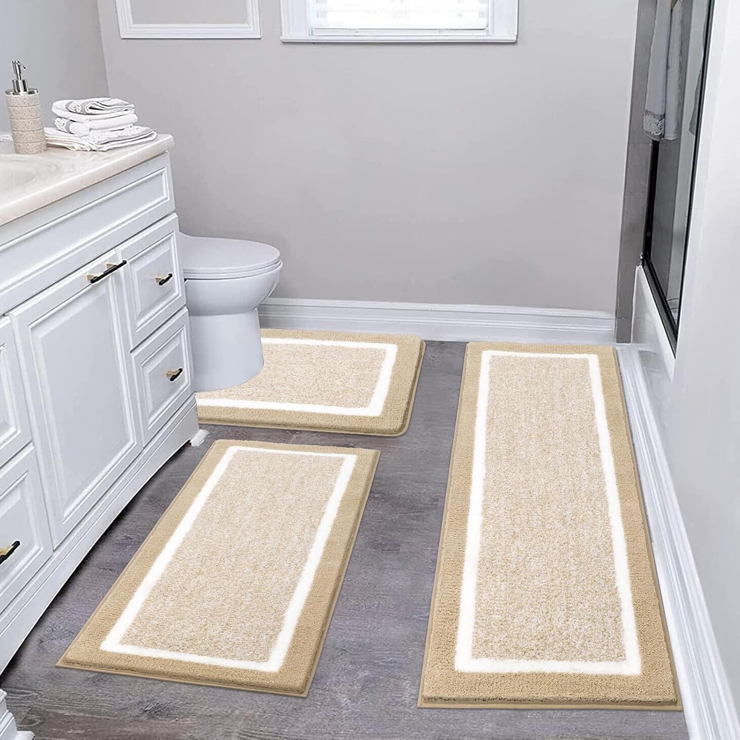 Pauwer Bathroom Rug Mat Set 3 Piece, Microfiber Shaggy Bath Set, Non-Slip Ultra Soft Carpet Mats, Absorbent with U-Shaped Toilet for Bathroom, Tub, Shower, Dark Grey