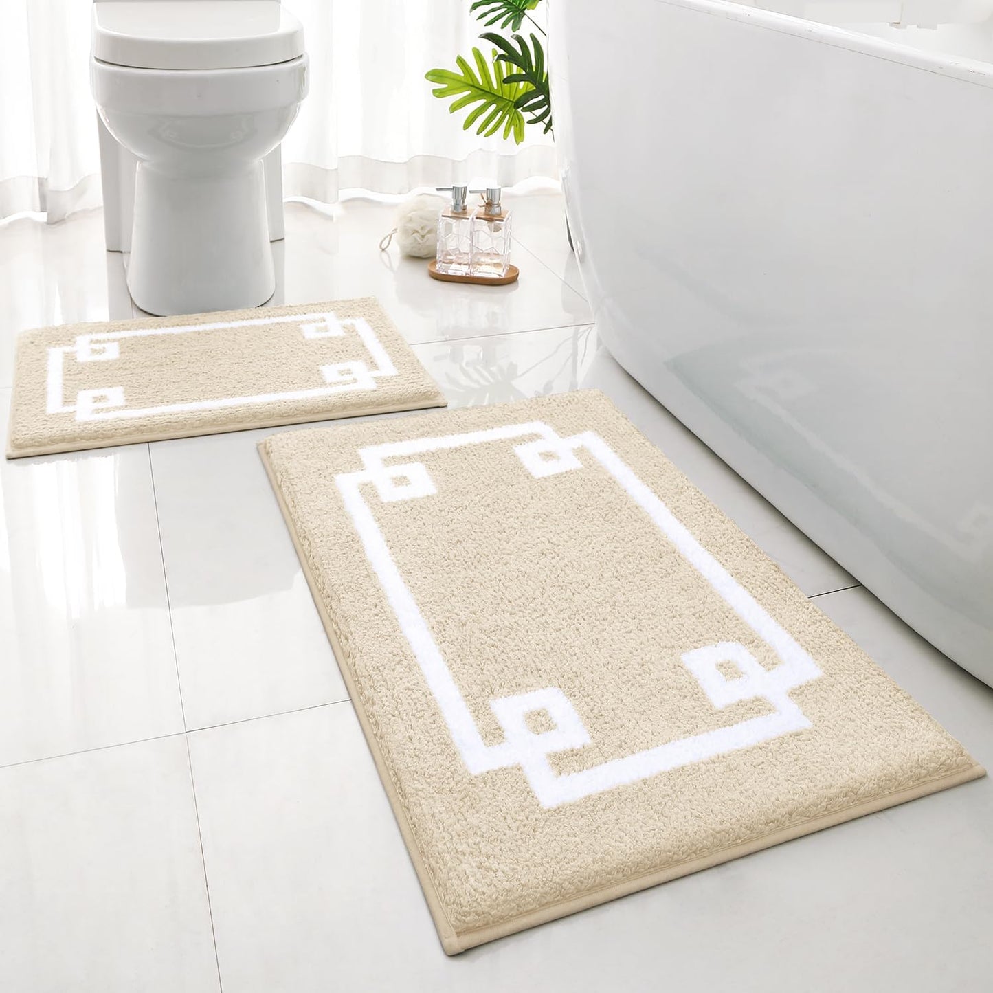 HOMEIDEAS Bathroom Rugs Sets 2 Piece, Soft and Water Absorbent Microfiber Carpet, Non-Slip Washable Bath Mats (20"x32"+16"x24", Grey and White)