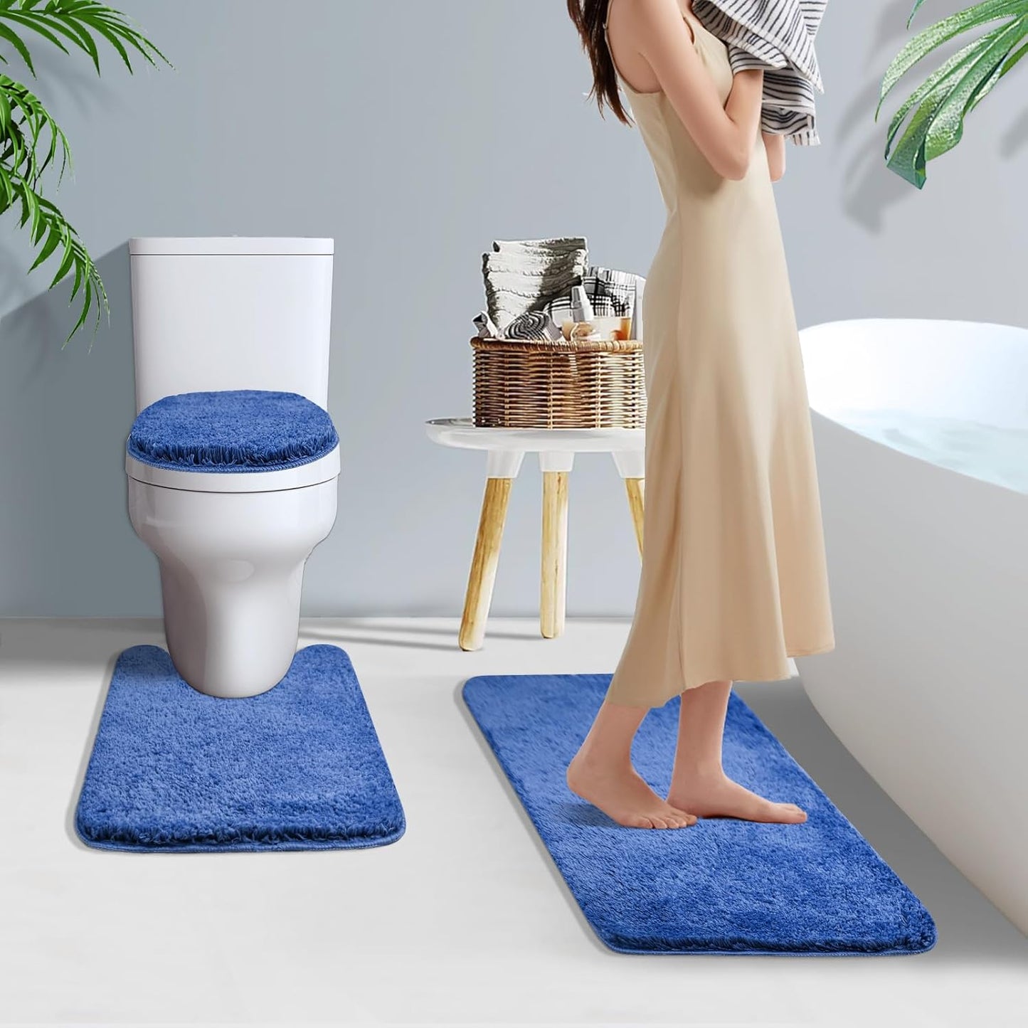 Bathroom Rugs Sets 3 Piece with Adjustable Toilet Seat Cover 17.5"x 15" Machine Washable Bath Rug Set with TPR Non Slip Rubber Backing Solid Bath Mat Set for Luxury Bathroom Decoration