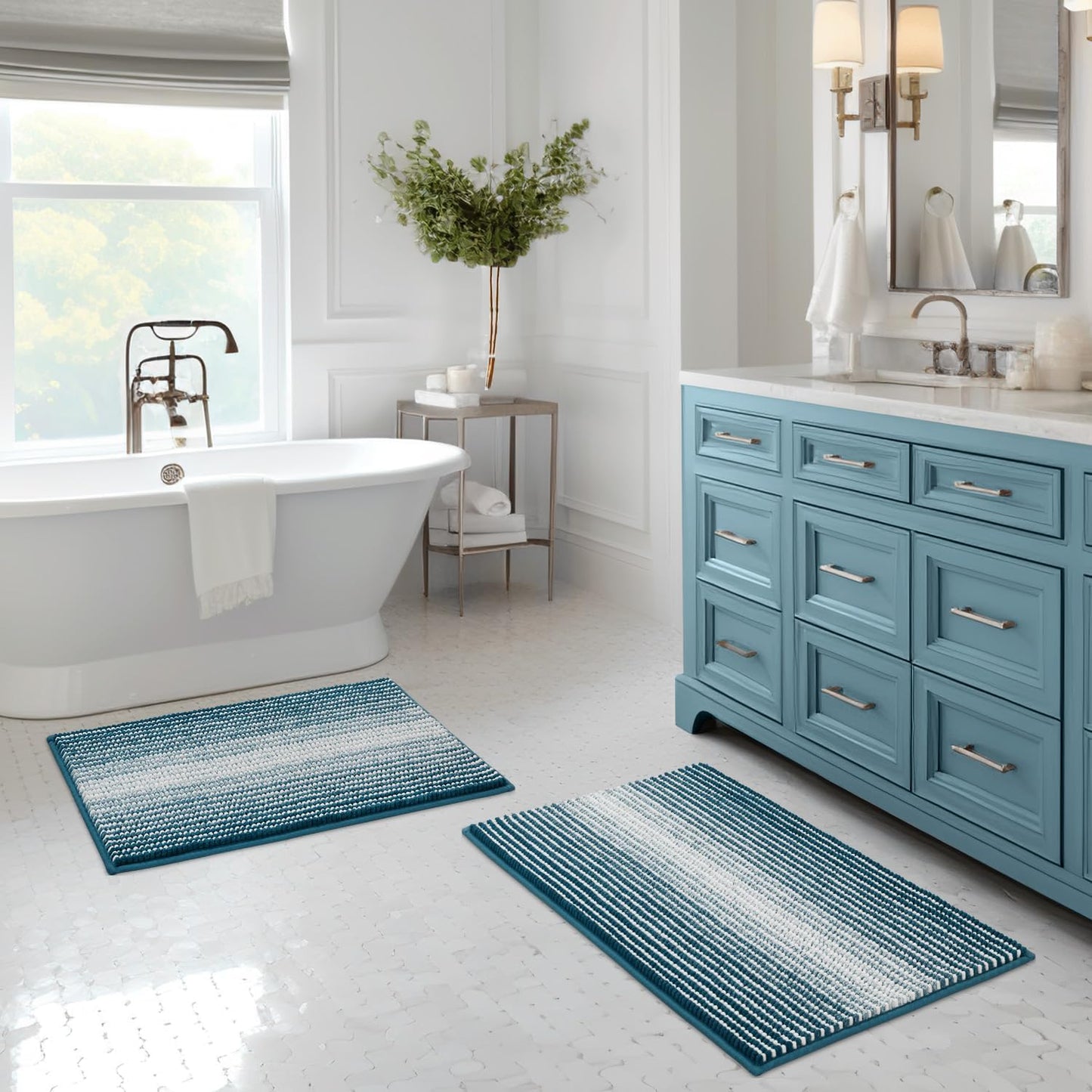 BSICPRO Bathroom Rugs and Mats Sets, 2 Piece Thick Absorbent Chenille Non Slip, Soft Shaggy Floor Mats, Machine Washable (20" x 47" Plus 16" x 24", Gray)