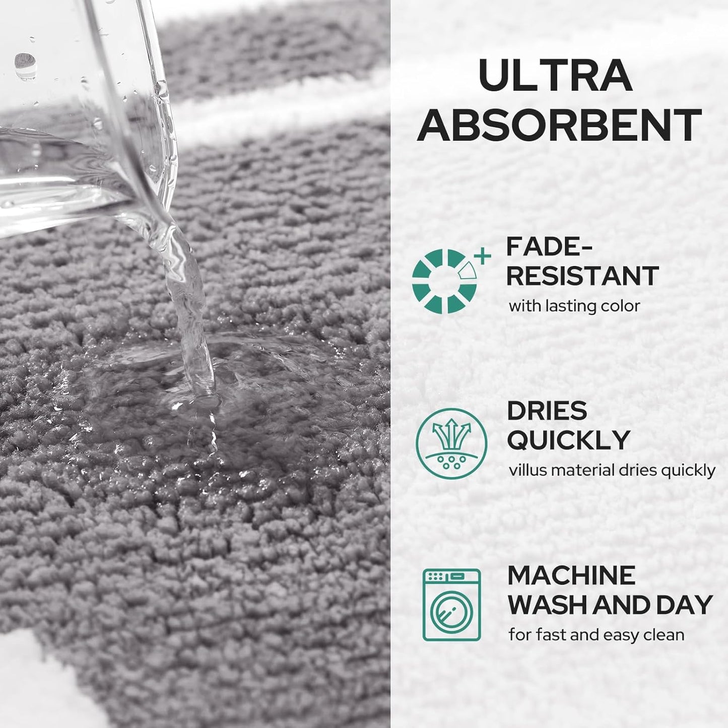 HOMEIDEAS Bathroom Rugs Sets 2 Piece, Soft and Water Absorbent Microfiber Carpet, Non-Slip Washable Bath Mats (20"x32"+16"x24", Grey and White)