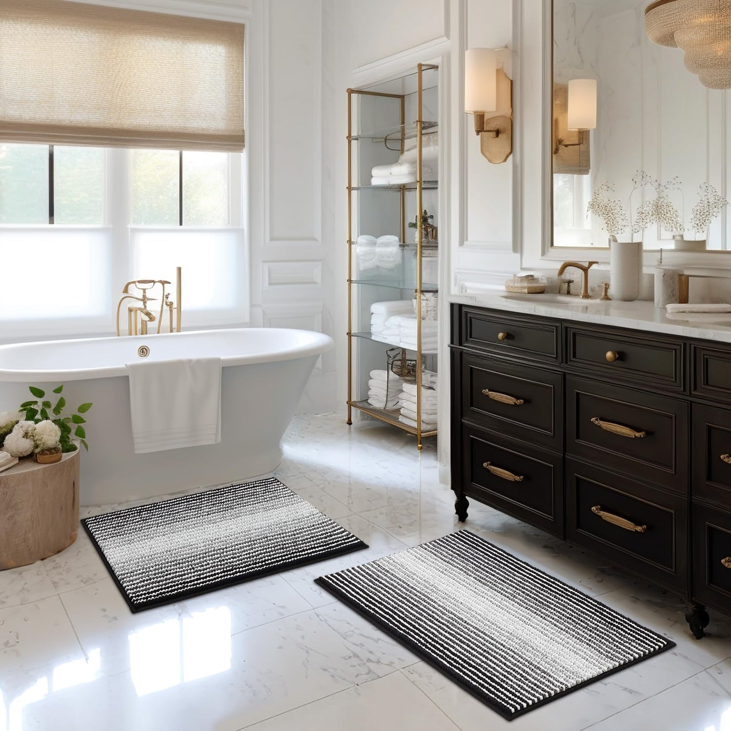 BSICPRO Bathroom Rugs and Mats Sets, 2 Piece Thick Absorbent Chenille Non Slip, Soft Shaggy Floor Mats, Machine Washable (20" x 47" Plus 16" x 24", Gray)