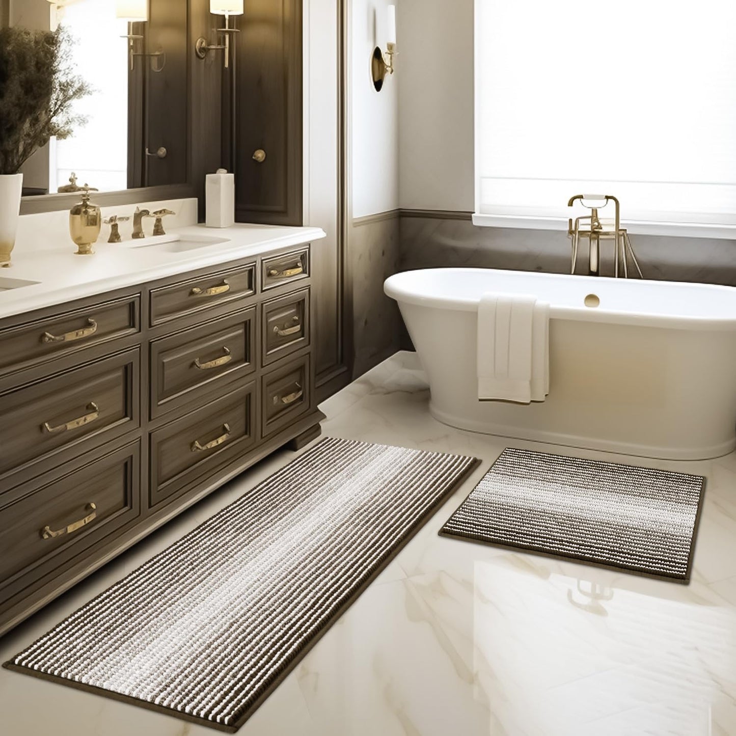 BSICPRO Bathroom Rugs and Mats Sets, 2 Piece Thick Absorbent Chenille Non Slip, Soft Shaggy Floor Mats, Machine Washable (20" x 47" Plus 16" x 24", Gray)