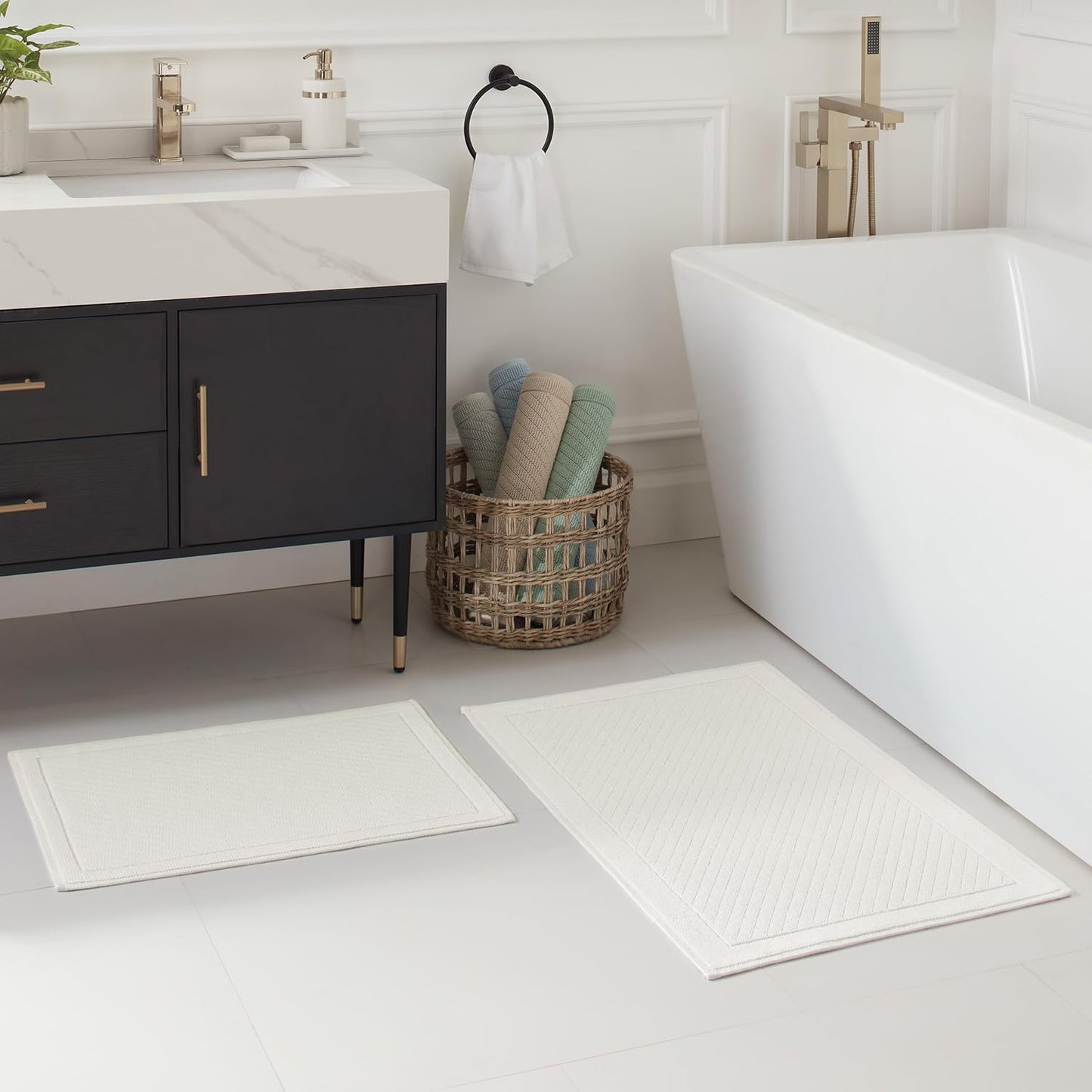 Arkwright 2 Piece 100% Cotton Bathroom Rug Set - High Absorbent Stylish Textured Woven Design Bath Mat, Slip Resistant Backing for Shower and Bathtub Floor, 17x24 & 20x32 in - White