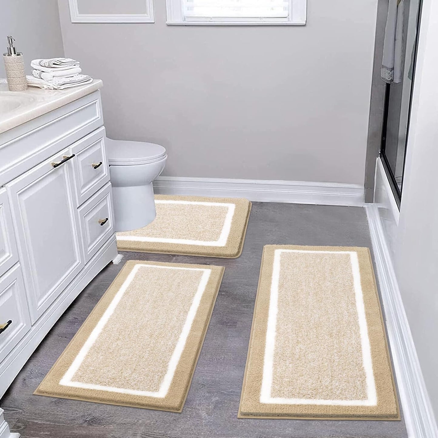 Pauwer Bathroom Rug Mat Set 3 Piece, Microfiber Shaggy Bath Set, Non-Slip Ultra Soft Carpet Mats, Absorbent with U-Shaped Toilet for Bathroom, Tub, Shower, Dark Grey