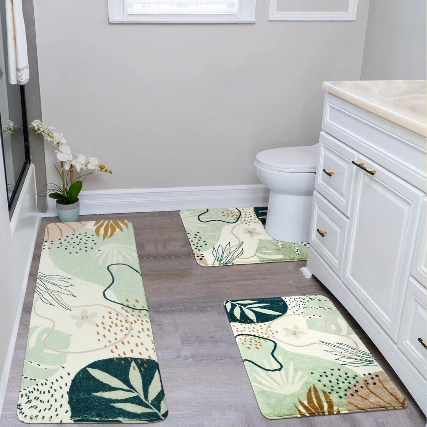 Uphome Sage Green Bathroom Rug Set, Cute Abstract Plant Bath Mat Set, Non Slip Machine Washable Bath Rugs, Soft Velvet Small Bathroom Mat, Mid Centry Aesthetic Botanical Floor Mats for Tub Sink Shower