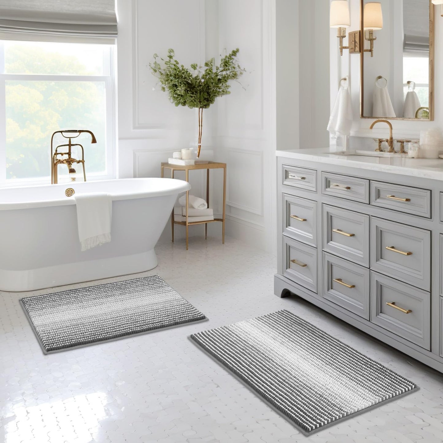 BSICPRO Bathroom Rugs and Mats Sets, 2 Piece Thick Absorbent Chenille Non Slip, Soft Shaggy Floor Mats, Machine Washable (20" x 47" Plus 16" x 24", Gray)