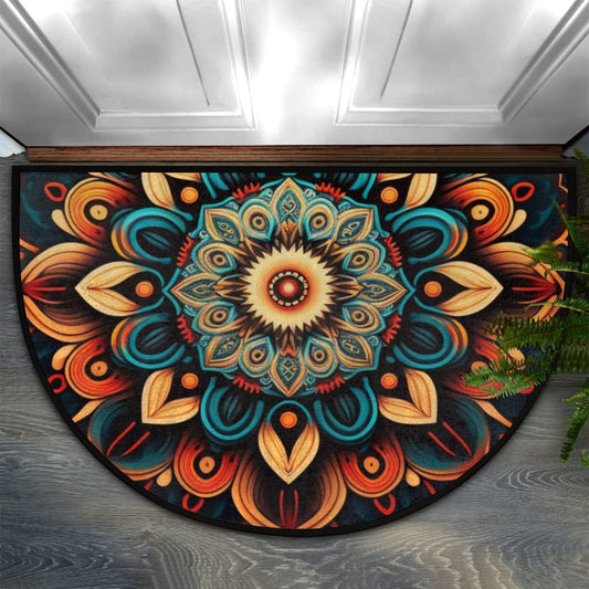 Pardick Boho Flower Half Round Doormat Ethnic Floral Semi Circle Area Rug Non Slip Indoor Outdoor Entrance Half Moon Rug Absorbent Durable Washable Front Floor Mat for Kitchen Bedroom Patio Fireplace