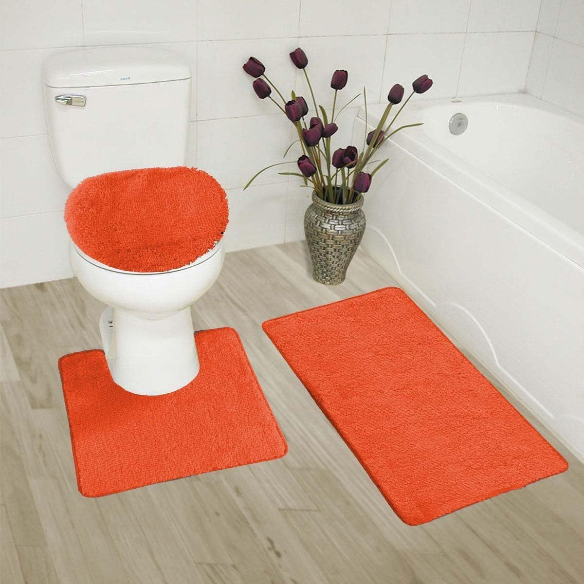 Elegant Homes 3 Piece Bathroom Rug Set Bath Rug, Contour Mat, & Lid Cover Non-Slip with Rubber Backing Solid Color # Angela (Silver/Light Grey)