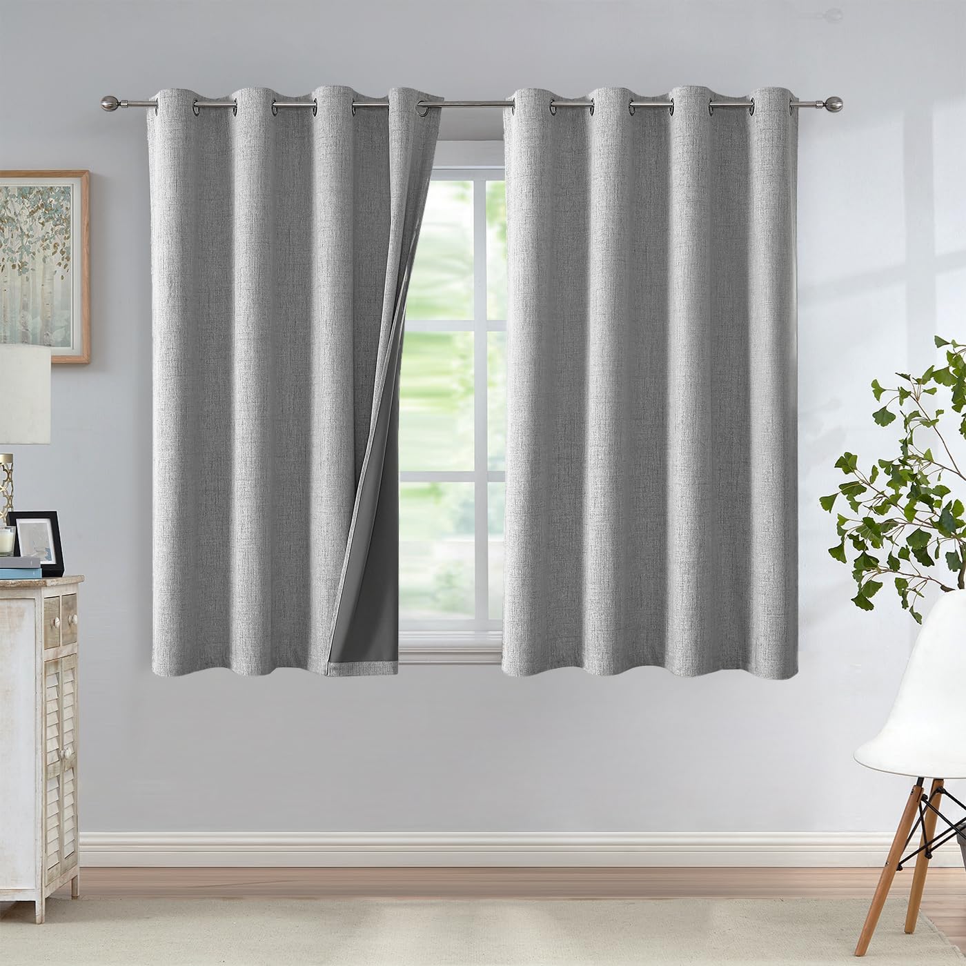 Urban Lotus Grey Linen Textured Full Blackout Curtain Panels 84 Inches Long Solid Color Room Darkening Thermal Inulated Drapes for Living Room/Bedroom Grommet Top Window Treatment, 52" W, 2 Panels